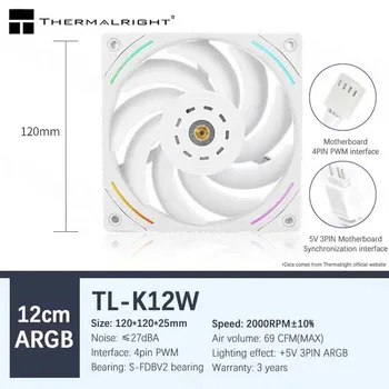 Thermalright TL-K12 с 4-ъглово дупка 12 см, 4-пинов корпус PWM, синхронизация на вентилатора за охлаждане може да бъде свързан последователно. Фен