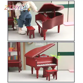 1 комплект 1:12 Куклена Къща Миниатюрни Пиано със Стол Имитация на Роял Модел Хол Украшение Декор Играчка