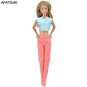1 комплект модни дрехи за Барби кукли, светло син къс топ, розови дълги панталони, панталони, костюм за кукли, дрехи, играчки със собствените си ръце