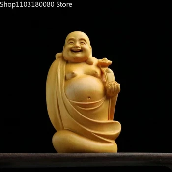 13 см Резба за самшиту щастлива усмивка статуя на буда Майтрейя Китайски честит подарък