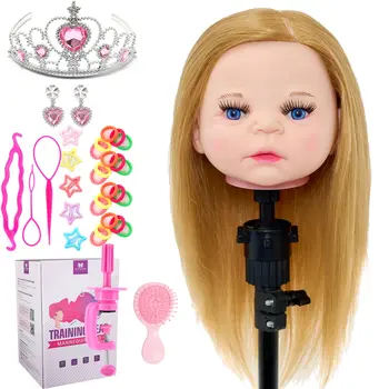 14-инчови истински човешки косъм, детски главата-манекени, спортни главата, Фризьорски салон кукли с набор от