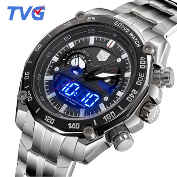 2021 TVG Модерен спортен Часовник Мъжки Led Цифрови Аналогови Кварцови Часовници е От Неръждаема Стомана Със Светещи Стрелки Aviator Polit Watches