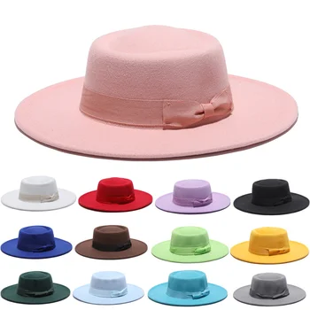 2021 зимни филц шапки за жени, модерен джаз филц шапки с плоски широки полета от вълна, филц за мъже, шапка с лък в готически стил и с плосък покрив