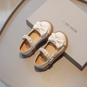 2023 Лятна кожени обувки в стил Лолита свързани с лък, детски лоферы принцеса с перли, кожени обувки за момичета, детски мека проста обувки