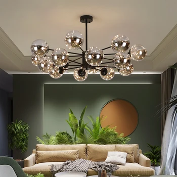 2023 Нови полилеи Nordic за да украсят всекидневната и спалнята Черен луксозен стъклен балон окачен Тавана лампа с регулируема яркост