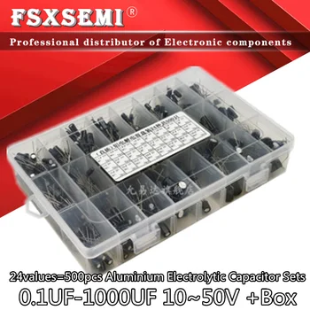 24 значение = 500шт Комплекти алуминиеви электролитических кондензатори Комплект елементи електролитни кондензатора 0,1 ICF-1000 UF 10 ~ 50 + кутия