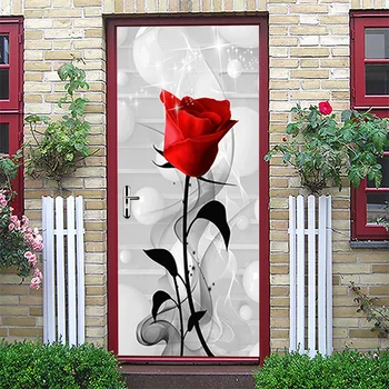 3D стикер на вратата с една червена роза, водоустойчив, Еко, PVC, Декор врати, Витрини, Декорация на дома, Нови етикети, 2021 г.