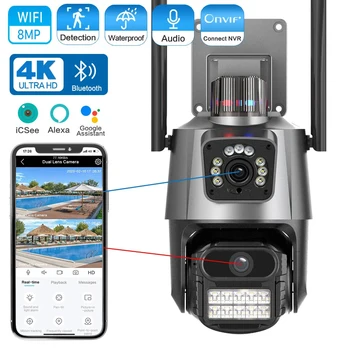 8MP 4K Wifi IP Камера Външна С 4-Кратно Увеличение С Двоен Обектив 360 Градуса С Два Екрана на PTZ Камера С Автоматично Проследяване на ВИДЕОНАБЛЮДЕНИЕ Камера за Наблюдение