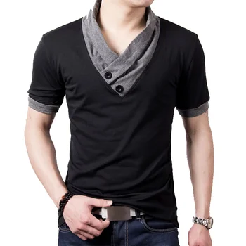 A2943 Тънък памучен черна тениска в стил мозайка с къс ръкав и V-образно деколте, мъжки потници и тениски на копчета