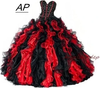 ANGESLBRIDEP Червено-Черни Готически Буйни рокли 15 Години, Расшитый Хрустальным Мъниста Елече, Бална рокля Sweet 15, Рокля Голям размер
