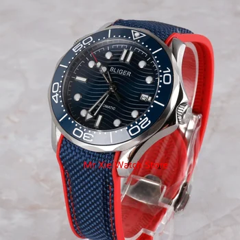 Bliger 41 мм Автоматични механични мъжки часовник луксозна марка с гумена каишка, водоустойчив светещи военни часовник с календар, ръчни часовници за мъже