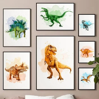 Cartoony динозавър, минималистичные плакати с акварельной HD-печат, стенни живопис върху платно, картина за детска стая, обзавеждане за дома