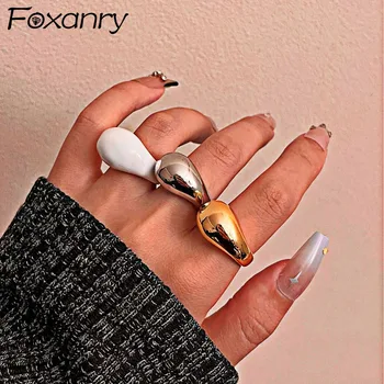 Foxanry Минималистичные вечерни пръстен сребърен цвят за женските двойки, една нова мода, креативен дизайн, геометрични орнаменти ръчно изработени под формата на капки вода