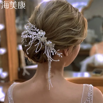 Haimeikang Превръзка на главата с перлата на цветя, Сватбена прическа, Сватбени Короната, Шнола за коса, Модерни гривни, Диадеми, Кристални украшения за коса