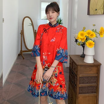 Ins Червено-Синьо Свободно 2021 Нов Модерен съвременен Китайски рокля трапецовидна форма Ципао с 3/4 ръкав, Традиционен Китайски Дрехи