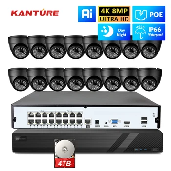 KANTURE 16-Канална система за видеонаблюдение 4K с 8-мегапикселов изкуствен интелект за откриване на човек, Вътрешна и външна куполна IP камера POE, комплект за нощно виждане за видео наблюдение