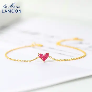 LAMOON S925 Сребърна Гривна За Жени Sweety Сърце Синтетичен Корунд 14К Златно покритие Изискани Бижута Подарък на Приятелката си LMHI073