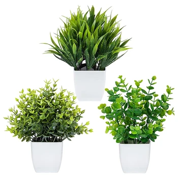 LBER 3 опаковки изкуствени растения в саксии, изкуствен евкалипт, мини-изкуствени растения в саксии, стайни малки пластмасови храсти, трева
