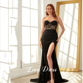 Lucy Секси дълга рокля за сватбени партита, дамски елегантни луксозни буйни рокли с цепка във формата на русалка, за бала, черна дантела и вечерни рокли без презрамки