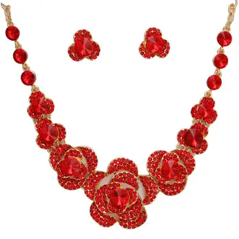 MINHIN Луксозен комплект бижута с червени цветя, ретро Макси, Златно колие, пръстен, Обици-карамфил За жени, Индийски булчински комплекти за бижута