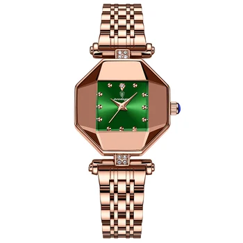 POEDAGAR Зелени Луксозни дамски часовник Кварцов Творчески Квадрат с малък циферблат Водоустойчив дамски часовник с каишка от розово злато и са се превърнали Дамски часовник