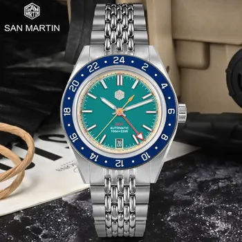 San Martin Модна Марка GMT 39,5 мм Мъжки Спортни Часовници Япония NH34 Автоматични Механични Водоустойчивост 100 м BGW-9 Светлинен Reloj