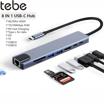 Tebe 8 В 1 Зарядно устройство USB-C Type-c до 4K, HDMI-адаптер RJ-45 Ethernet USB2.0/3.0 PD Концентратор за Бързо зареждане Сплитер За Macbook