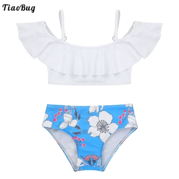 TiaoBug, комплект от 2 теми, бански костюм за момичета, регулируеми бретельки, хем с волани, съкратен топ и бикини с цветна принтом, комплект