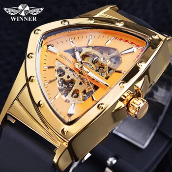 Winner Златни кухи механични часовници Triangle, мъжки автоматичен часовник с каишка силикон, цели часове, начална партия