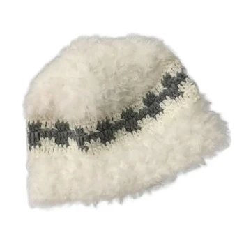 Y166 Дамски панама, вязаная на една кука Плюшен Рибарска шапка, топла шапка за момичета, пазаруване