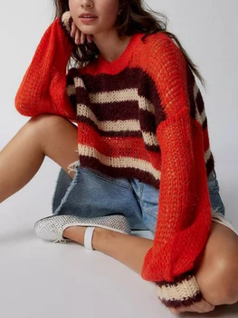 ZJLJAYCHOU Дамски Есенна мода 2023, Ивичест пуловер с цветен блок, пуловери, с кръгло деколте и дълъг ръкав, потници