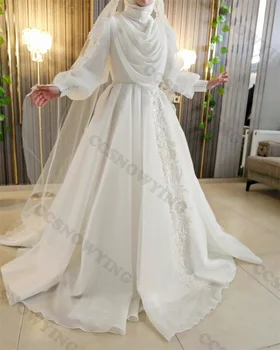 Апликации от Органза, Мюсюлманското Сватбена Рокля за Булката С Дълги Ръкави И Високо Деколте Ислямски Сватбени Рокли Жени Арабски Дубай Robe De Mariée