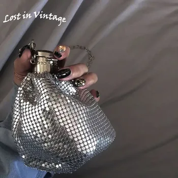 Вечерна дамска чанта, переливающаяся винтажным обувки, Чанта с алуминиеви детайли, клатчи през рамо, метални вериги през рамо.