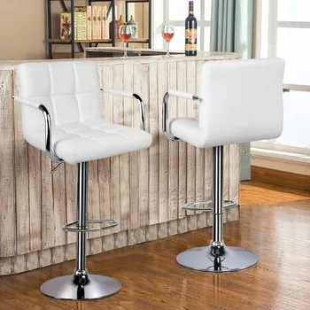 Високите бар столове Комплект от 2 Модерни Кв. Продуктова столове от изкуствена кожа регулируема височина багажник, Табуретов с Подлакътници и облегалка, Продуктова столове