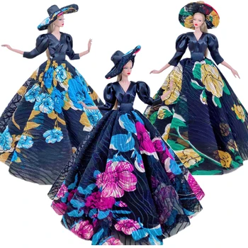 Висококачествено Черно Френско рокля на цветчета за кукли Барби, Романтична вечерна рокля ръчна изработка, Голяма шапка, аксесоари за кукли 1/6.