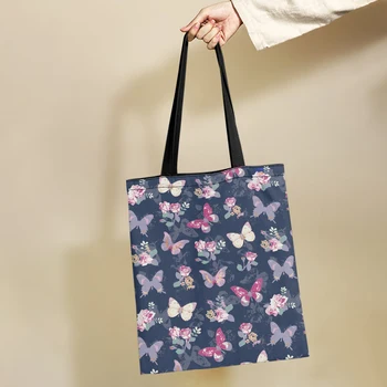 Дамски дългогодишна чанта-тоут Yikeluo Butterfly Rose Flower, чанта за пазаруване с голям капацитет, чанта през рамо с принтом насекоми, чанта