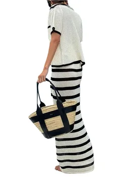 Дамски макси пола в лента в контрастен цвят, свързана плетене на една кука, с еластична висока талия - стилна вязаная дълга пола за плажни дрехи