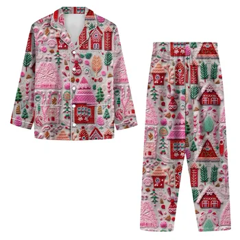Дамски пижами Коледен костюм за дрехи за дома с 3D сладки анимационни принтом, есенно-зимния комплект с бутони на лацканах, плюс размери S-Xxxl, домашен костюм