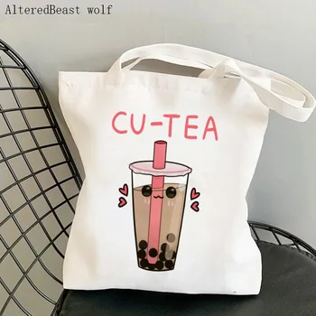 Дамски чанта за пазаруване Сладко love cu tea, чанта с принтом Harajuku, Холщовая пазарска Чанта, дамска чанта-Тоут на рамото, Женствена чанта