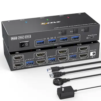 Двоен дисплей USB 3.0, двухмониторный KVM switch, че симулира Edid, HDMI с разширен превключване на дисплея за 3 компютъра и 2 монитора