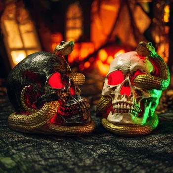 Декоративен подпори за Хелоуин, украса от черепа от смола и змии, статуя от черепа на ужасите, Статуята е от смола, украса от черепа на ужасите
