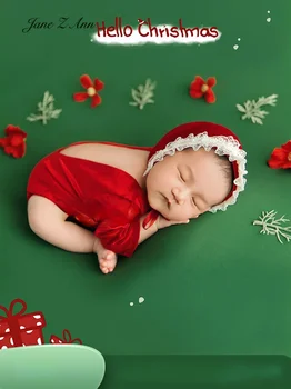 Детски дрехи за снимки, коледна червени тоалети за новородено, нова година е празник за бебета, темата за снимки, пластмасови цветя, зелено одеяло