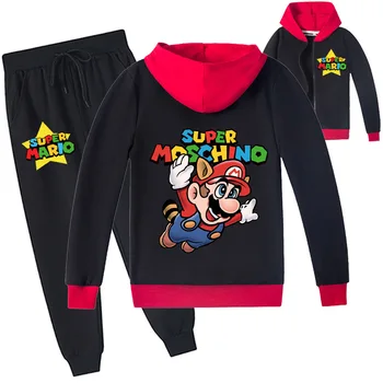 Детски дрехи Марио с анимационни принтом, ежедневна спортна риза с цип, яке, панталони, костюми, детски комплект от горната и долната страна, hoody с качулка