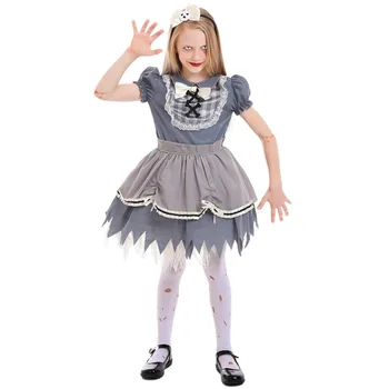 Детско парти за представяне на ужасяващи зомбита-момичета-призраци на Хелоуин, детски сиви костюми прислужница в стил Лолита