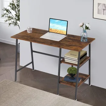 Дървена маса VECELO Industrial в изчистен стил с метална рамка, компютър, бюро за домашния офис, работно място за писмено кабинет с 2-уровневым хранилище