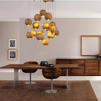 Европейски дизайнерски Дървени висящи лампи, Подвесная лампа с дървена топка, Висящи лампи G4, Декоративна лампа за фоайе