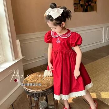 Ежедневна рокля с ревери по случай празника Ейд, детски дрехи с бродерия за момичета, детски рокля в корейски стил, Лятна рокля, елегантна рокля, Червена рокля