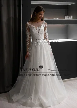 Елегантно бельо сватбена рокля трапецовидна форма С аппликацией, тюл с дълъг ръкав, пайети, с Плажна сватбена рокля копчета, Vestido De Noiva