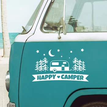 Етикети Happy Camper Луната за кола, украса на автомобили, Винилови стикери за тунинг, резервни части и аксесоари