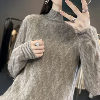 Жена пуловер на дебелото жаккардовой тел с високо воротом и свободна тънка долна риза, нова есенно-зимния пуловер